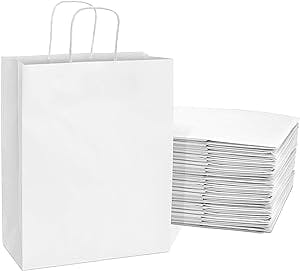 White Gift Bags with Handles - 10x5x13 Inch 25 Pack Medium Kraft Paper Shopping Bags, Craft Totes in Bulk for Boutiques, Small Business, Retail Stores, Birthdays, Party Favors, Jewelry, Merchandise