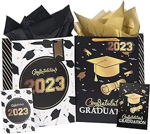 WRAPAHOLIC 16.5" Extra Large 2023 Graduation Gift Bag with Card and Tissue Paper -2 Pack Black Gold Class of 2023
