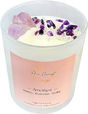 Healing Crystal Candle, Scented Candle Infused Amethyst and Clear Quartz Crystals, English Pear&Freesia Scented,Positivity Energy Wellness, Gift for Women Aromatherapy Clean Vegan 10Oz Jar Candle