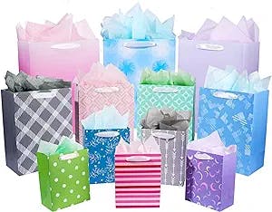 12 Pack Gift Bags Assorted Sizes and Designs, Gift Bags Bulk with Tissue Paper (5 Medium 8", 4 Large 11", 3 Extra Large 14") for Birthday, Baby Showers, Bridal Showers, Easter Day Any Occasion