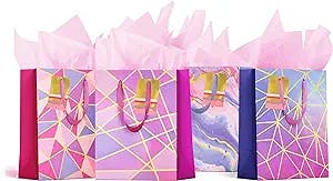 YE GIVING Purple Marble Gift Bags 7"x4"x9" 4 Bags, Each with a Different Design. Includes Tissue Paper and Tags.