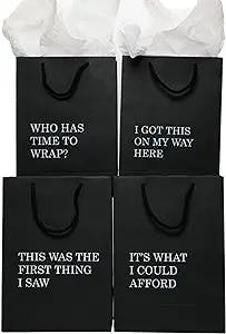 Fay People Black Gift Bags with Tissue Paper, Medium-Sized 4 Pack, Featuring 8 Design Options, Ideal for Men's or Women's Birthdays