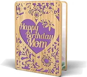Happy Birthday Card For Mom - | Made From Real Bamboo | 6" X 4.5" - 1 Pack (Envelope Included) | Laser Cut, Floral Birthday Card for Mom from Daughter or Son.