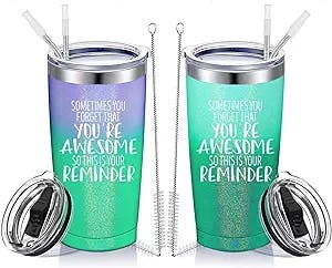 Ficsowy Birthday Gifts for Women Tumbler 2 Pack Bulk,Inspirational Present Idea Gift for Mom,Sister,Friend,Coworker,Stainless Mug with Sayings-Sometimes You forget You'Re Awesome(20oz,Mix Color)