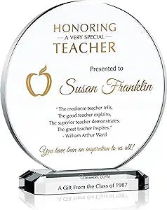 Personalized Crystal Teacher Appreciation Gift Plaque, Customized with Teacher and Gift giver's Name, Unique End of Year of Christmas Thank You Gift idea for Teacher, Coach, Professor (L - 8")