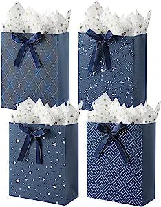 KomoLeay 4 Pack 9" Medium Size Gift Bags Assorted Premium Blue Gift Bags with Tissue Paper Use for Birthdays, Baby Shower,weddings,Party Favor, Holiday Presents-7" X 4" X 9"
