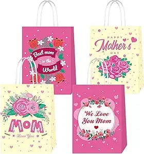 Bomiloho 16pcs Mother's Day Gift Bags Pink Carnation Happy Mother's Day Gift Bag Paper Gift Bags for the Best Mom Theme Party Supplies Gift Goody Treat Candy Bags