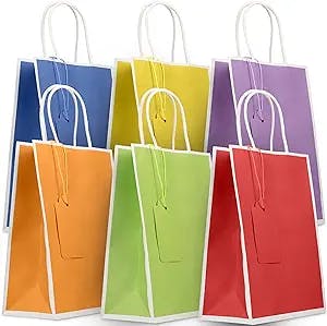 24 Gift Bags With Name Tags –Party Favor Bags With Handles & Stylish White Borders – Small Rainbow Goodie Bags Great for Christmas,Birthday, Treat, Candy, – 6.5 x 3.5 x 8 Inch