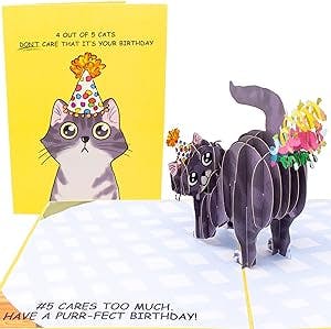 Dirty Pop Cards - Purr-fect Pop Up Birthday Card, 3D Cat Farting Confetti Funny Birthday Card, Cat Mom or Dad Bday Popup Cards for Husband, Wife, Friend, and Every Cat Lover - 1 Card 5 x 7 inch, 1 Notepaper, 1 Envelope