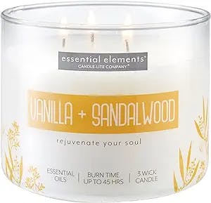 Essential Elements by Candle-lite Scented Candles, Vanilla & Sandalwood Fragrance, One 14.75 oz. Three-Wick Aromatherapy Candle with 45 Hours of Burn Time, Off-White Color