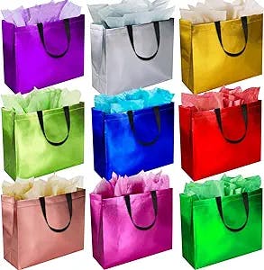 18Pcs Large Gift Bags with 18Tissues for Presents - 13'' Reusable Non-Woven Gift Goodie Bags with Metallic Shiny - Party Favor Bags Tote Bags for Wedding, Birthday Party, Valentines, Mother's Day, Christmas