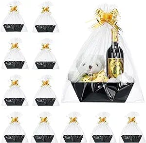 44 Pcs Basket for Gifts Empty Gift Basket Kit Include 12 Gift Basket Empty 12 Plastic Bags for Gift Baskets and 20 Pull Bows for Wedding Birthday Thanksgiving Christmas Party Gift Wrapping (Black)