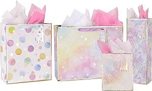 4 Pack Gift Bags Assorted Sizes Large Medium Small Paper Bags with Handles & Tissue Paper Reusable Colorful Polka Dots Stripes Stars Pattern Favor Gags for Party, Birthday, Mother's Day, Wedding Any Occasion