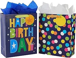 SUNCOLOR 2 Pack 13" Large Gift Bag with Tissue Paper for Him (Happy Birthday)
