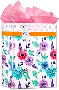 WaaHome Pink Purple Flower Mothers Day Gift Bag with Handle 11.5''x9''x5''' Medium Happy Mothers Day Gift Bags with Tissue Paper, Mothers Day Gift Bags for Mom Mommy Mother In Law Mama Grandma, Floral Gift Bag for Mothers Day Mom Birthday