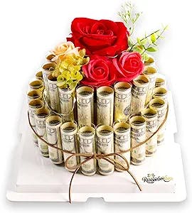 Ribbonbonbox Flower Money Cake – Fake Cake Gift Box – Birthday Gifts for Him and Her – Best Gift Ideas for Mother's Day, Quinceanera, Christmas – Surprise Money Box for Cash Gift Pull (Two Tier)