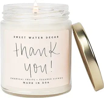 Sweet Water Decor Thank You Candle | Tropical Fruit and Sugared Orange, Summer Scented Soy Wax Candle for Home | 9oz Clear Jar, 40 Hour Burn Time, Made in The USA