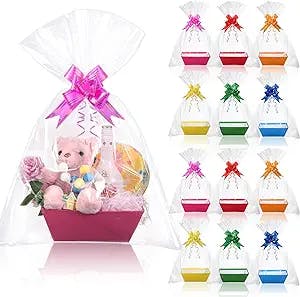 30 Pcs Baskets for Gifts Empty 6 Rainbow Colors Gift Basket Kit with Pull Bows and Clear Gift Bags, Market Tray Cardboard Basket with Handles to Fill Bulk for Gift Wrap Kids Birthday Party Baby Shower