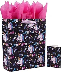 Elephant-package 12.6" Large Gift Bag with Card and Tissue Paper - Black Pink Unicorn Gift Bag for Girls Birthday.