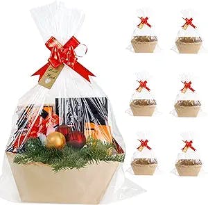 Bigger Baskets for Gifts Empty,6 Pack Sturdy Kraft Basket With Handles Gift Basket Kit,6 Shrink Wrap Bags, 6 Bows and Hang Tag，Empty Gift Baskets to Fill for Mothers Day and Any Occasion