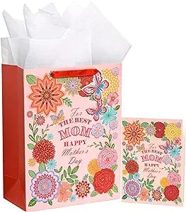 WRAPAHOLIC 13" Large Mother's Day Gift Bag with Card and Tissue Paper - Elegant Floral and Butterfly with the Best MOM Lettering