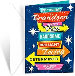 Prime Greetings Birthday Card For Grandson, Made in America, Eco-Friendly, Thick Card Stock with Premium Envelope 5in x 7.75in, Packaged in Protective Mailer