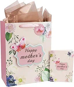 MAYPLUSS 13" Large Gift Bag with Greeting Card and Tissue Paper - Pink Floral Patterns for Mothers day