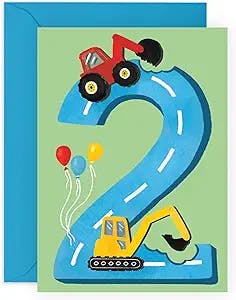 CENTRAL 23 Second Birthday Card for Boys - Happy 2nd Birthday - Age 2 - Two Year Old - Tractors Greeting Card - Fun Construction Vehicle Themed Card for Kids - Son, Grandson, Toddler