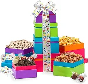 Broadway Basketeers Gourmet Chocolate Food Gift Basket Tower for Birthdays – Curated Snack Box, Sweet and Savory Treats for Parties, Best Wishes, Birthday Presents for Women, Men, Mom, Dad, Her, Him, Families