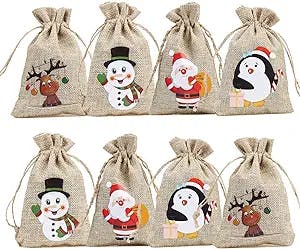 CCINEE 36pc Christmas Linen Bags with Drawstrings Christmas Burlap Goody Gift Bags with Double Jute Drawstrings, 4 designs Snowman, Santa Claus, Penguin and Elk