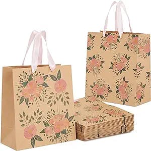 24 Pack Reusable Kraft Paper Floral Gift Bags with Pink Ribbon Handles for Party Favors, Mothers Day, Weddings, Birthday Celebration, Baby Shower, 2 Designs (9 x 8 In)