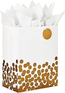Hallmark 17" Extra Large Gift Bag with Tissue Paper (White with Gold Polka Dots) for Christmas, Hanukkah, Weddings, Engagements, Bridal Showers, Graduations, Retirements, Birthdays, Valentine's Day