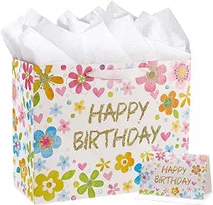 SUNCOLOR 13" Large Birthday Gift Bags with Tissue Paper and Card(Flowers)
