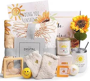 Sending Sunshine Gift, 10pcs Sunflower Gifts for Women, Get Well Soon Gifts Basket Care Package Unique Birthday Gifts Box with Inspirational Blanket Candle for Thinking of You Her Sister Best Friend