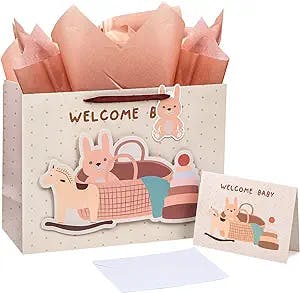 LeZakaa 16" Large Gift Bag with Tissue Paper, Gift Tag and Card, Khaki Bag with Bear in Bath and Welcome Baby Lettering Design for Baby Shower