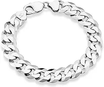 Miabella 925 Sterling Silver Italian 12mm Solid Diamond-Cut Cuban Link Curb Chain Bracelet, Jewelry For Men Made in Italy