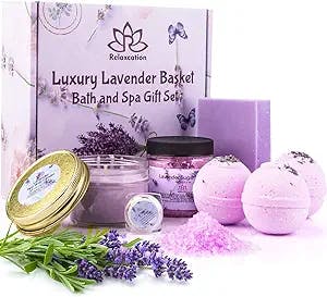 Spa Gift Baskets for Women Organic Lavender, Bath and Body at Home, Spa Kit, Soy Wax Candle, Natural Oil Bath Salt, 3 Bath Bombs, Soap Bar, Body Sugar Scrub, for Mom, Girls