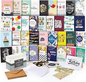 Happy Birthday Cards Assortment - Bday Cards in Bulk - 5x7 Assorted Variety Box Set 40 Pack Unique Designs with Envelopes - Birthday Card for Men Women Kids - for Office - Greeting Message Inside