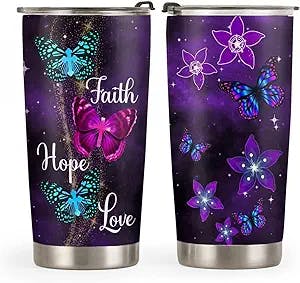 64HYDRO 20oz Christian Gifts for Women, Monarch Butterfly Gifts, Valentines Day Gifts for Her, Coffee Thermos Coffee Gifts for Women, Faith Butterfly Tumbler Cup, Insulated Travel Coffee Mug with Lid