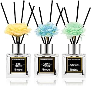 NEVAEHEART Flower Reed Diffuser, Black Tobacco/Cocoa Vanilla/Patchouli, 1.7OZ x 3 Packs Reed Diffuser Set, Oil Diffuser Sticks, Home Fragrance, Fragrance Diffuser with Gift Box