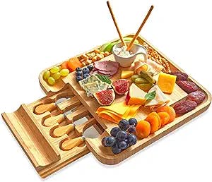 RoyalHouse Unique Bamboo Cheese Board and Knife Set with Slide-Out Cutlery Drawer - Charcuterie Boards Set & Cheese Platter - Ideal Anniversary, Wedding and Housewarming Gift