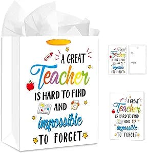 FaCraft Teacher Gift Bags with Handle,11.5" Large Teacher Appreciation Gift Bag with Tissue Paper End of Year Graduation Gifts for Teacher Retirement Appreciation Day Christmas Gifts for Teachers