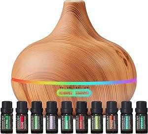Ultimate Aromatherapy Diffuser & Essential Oil Set - Ultrasonic Diffuser & Top 10 Essential Oils - Modern Diffuser with 4 Timer & 7 Ambient Light Settings - Therapeutic Grade Essential Oils - Lavender
