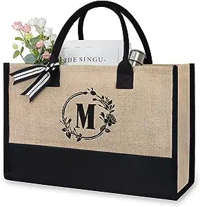 TOPDesign Initial Jute/Canvas Tote Bag, Personalized Present Bag, Suitable for Wedding, Birthday, Beach, Holiday, is a Great Gift for Women, Mom, Teachers, Friends, Bridesmaids (Letter M)
