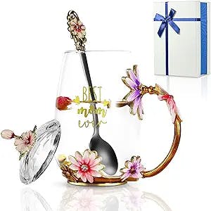 Vos Risus Daisy Flower Glass Coffee Mug Tea Cup with Spoon Set, Unique Best Mom Ever Enamel Cup Design, Birthday, Mothers Day, Christmas, Ideas Gifts for Mom