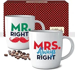 Triple Gifffted Mr Right Mrs Always Right Coffee Mugs for Couple,Wedding Anniversary Presents,Christmas Gifts for Couples,Bridal Shower Gifts, Bride and Groom,Engagement Gifts,Husband and Wife Gifts