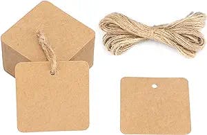 G2PLUS Paper Gift Tags,100 PCS Square Hang Tags with String - 2'' Kraft Paper Blank Gift Tags with 66 Feet Natural Jute Twine for Arts and Crafts, Wedding Christmas Day (Brown)