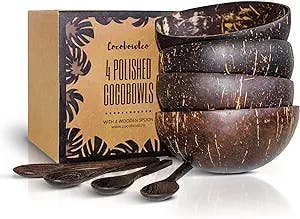COCOBOWLCO Coconut Bowl & Wooden Spoons Bowl Set - Coconut Bowls, Eco Friendly Kitchen Decor, Acai Bowls, Smoothie Bowls - Birthday Gifts for Women (4, Polished)
