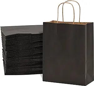 Black Gift Bags - 8x4x10 Inch 100 Pack Small Black Kraft Paper Shopping Bags with Handles, Plain Mini Totes for Small Business, Retail, Boutique Merchandise & Supplies, Birthday Party Gift Wrap, Bulk