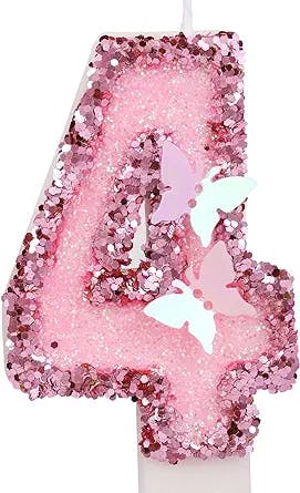 2.95 Inch Birthday Number Candles, Glitter Pink Number Candles Cake Topper Butterfly Birthday Candles with Sequins for Anniversary Celebrations Supplies (Number 4)